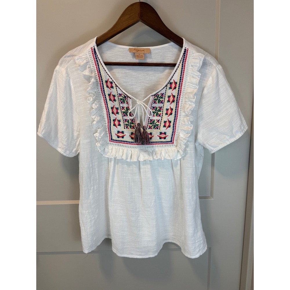 Kyra White Linen Embroidered Boho Ruffled Peasant Blouse Short Sleeve‎ Size M